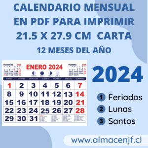 Calendario Mensual 2024 tamaño carta 21.5 x 27.9 cm en PDF para Imprimir