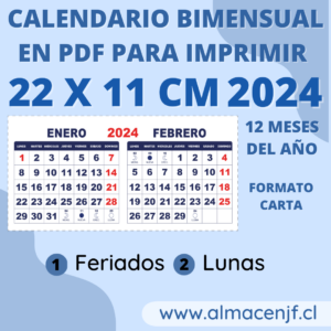 Calendario Bimensual 22x11cm 2024 Feriado y Lunas en PDF para Imprimir