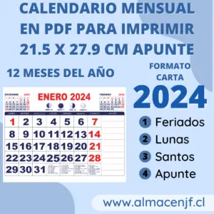 Calendario Mensual con Apunte 2024 tamaño carta 21.5 x 27.9 cm en PDF para Imprimir
