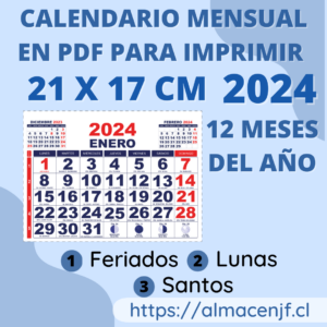 Calendario Mensual 2024 tamaño carta 21 x 17 cm en PDF para Imprimir