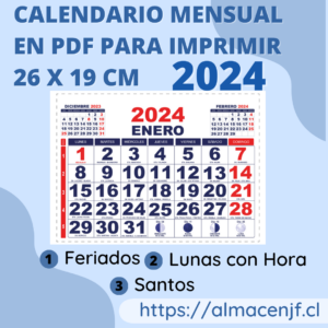Calendario Mensual 26 x 19 cm 2024 en PDF para Imprimir