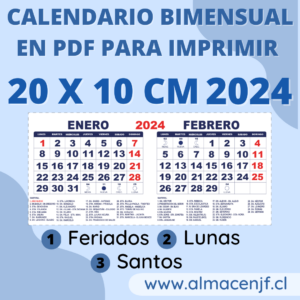 Calendario Bimensual 20x10cm 2024 Feriado, Lunas y Santos en PDF para Imprimir
