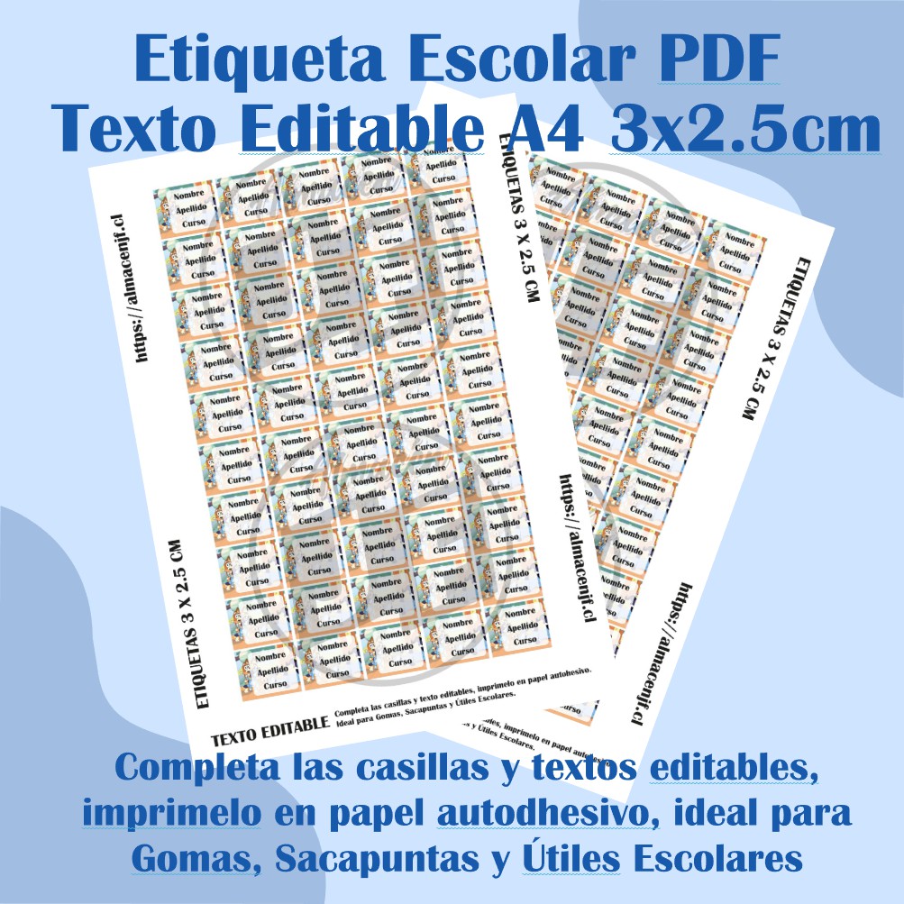 PACK ETIQUETA ESCOLAR DIGITAL EDITABLE BLUEY EN FORMATO A4 - Imagen 3