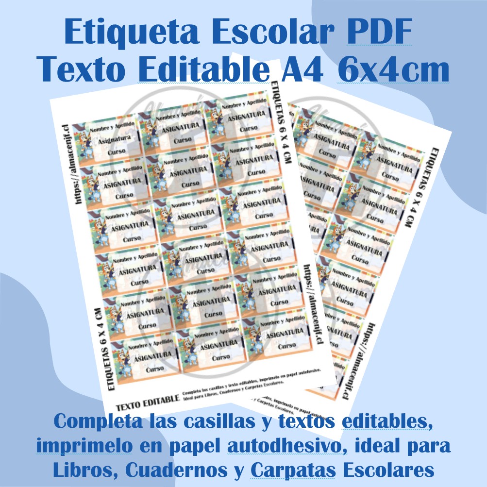 PACK ETIQUETA ESCOLAR DIGITAL EDITABLE BLUEY EN FORMATO A4 - Imagen 5