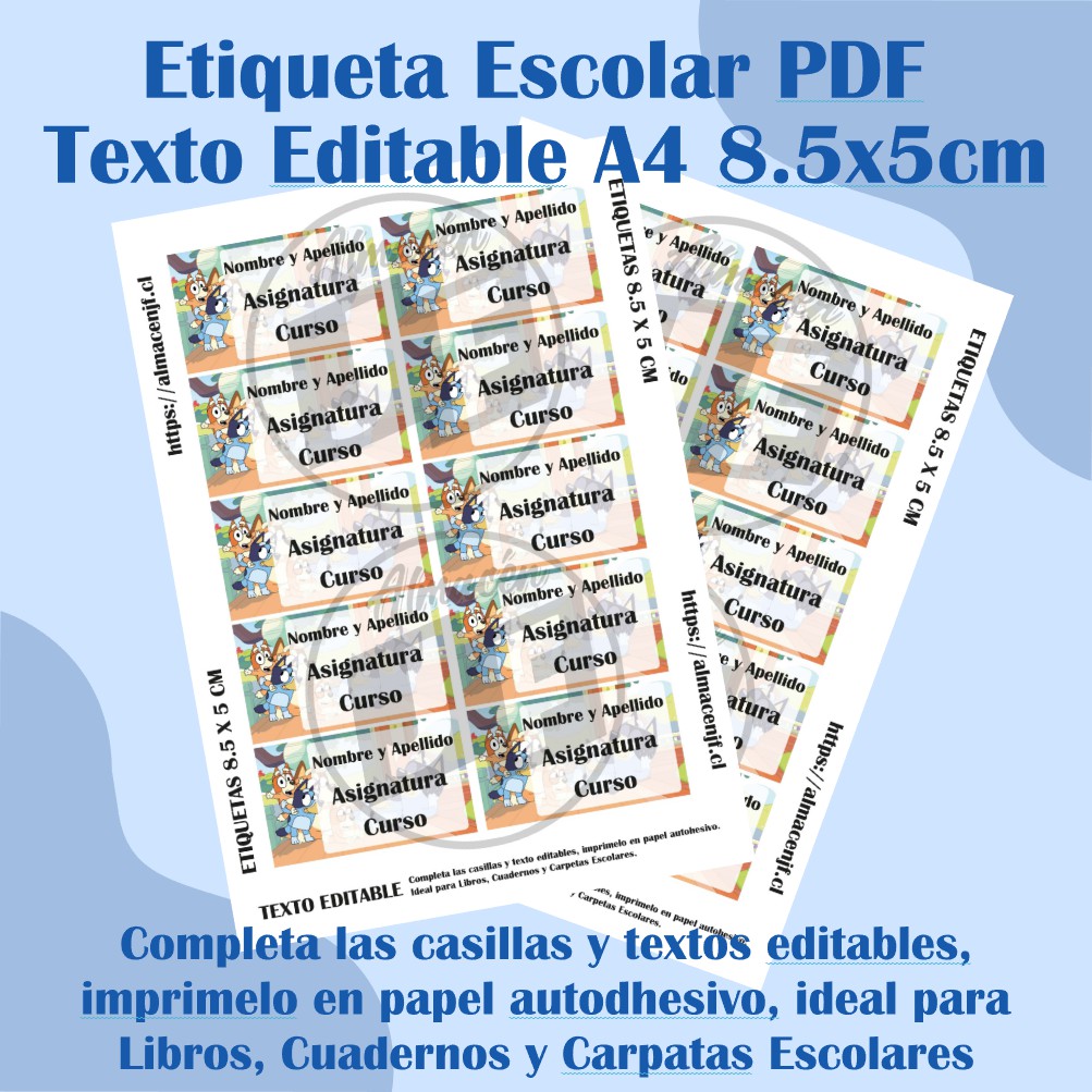 PACK ETIQUETA ESCOLAR DIGITAL EDITABLE BLUEY EN FORMATO A4 - Imagen 6