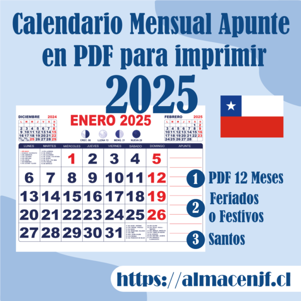 Calendario Mensual 2025 Apunte en PDF para Imprimir