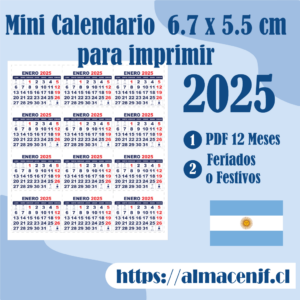 Mini Calendario 6.7 x 5.5cm 2025 en PDF para Imprimir ARGENTINA