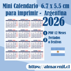 Mini Calendario 6.7 x 5.5cm 2026 en PDF para Imprimir – Formato A4 – Argentina