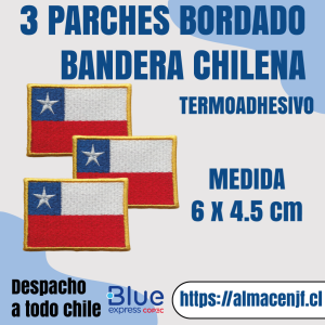 3 PARCHE BORDADOS BANDERA CHILENA CON TERMOADHESIVO 6 x 4.5 cm – PRODUCTO FÍSICO
