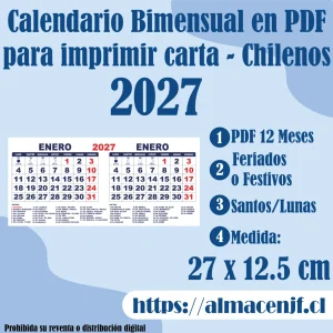 Calendario Bimensual 2027 27×12.5 cm con Santos en PDF para Imprimir – Chileno