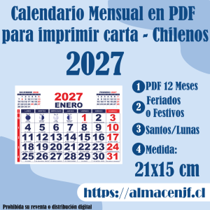 Calendario Mensual 2027, Santos, Lunas y Feriados tamaño 21 x 15 cm en PDF para Imprimir – Chileno
