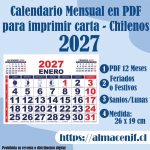 Calendario Mensual 2027, Santos, Lunas y Feriados tamaño 26 x 19 cm en PDF para Imprimir – Chileno