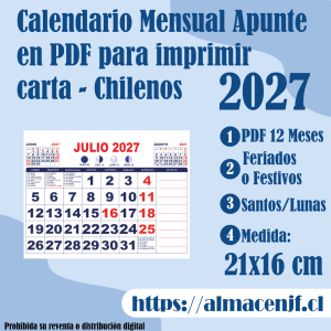 Calendario Mensual 2027 Apunte tamaño 21 x 16 cm en PDF para Imprimir – Chileno