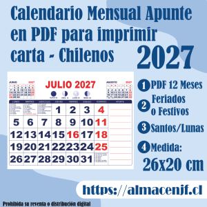 Calendario Mensual 2027 Apunte tamaño 26 x 20 cm en PDF para Imprimir – Chileno