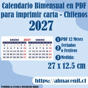 Calendario Bimensual 2027 27×12.5 cm sin Santos en PDF para Imprimir – Chileno