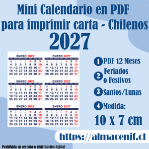 Mini Calendario 10 x 7cm 2027 en PDF para Imprimir – Chileno