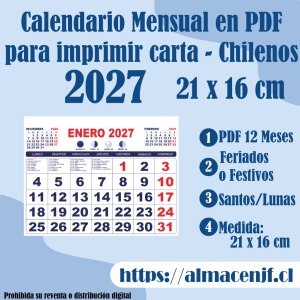 Calendario Mensual 2027 tamaño carta 21 x 16 cm en PDF para Imprimir – Chileno