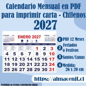 Calendario Mensual 2027 tamaño carta 26 x 20 cm en PDF para Imprimir – Chileno